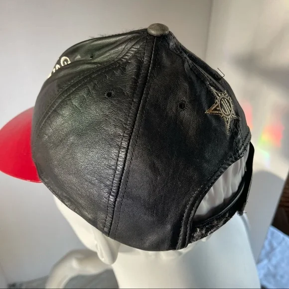1990s” NBA Chicago Bulls Red/Black Leather Jeff Hamilton Design Strap back Hat